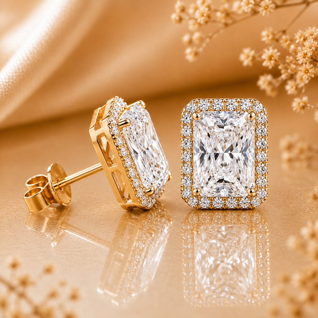 Radiant Cut Halo Moissanite Stud Earrings