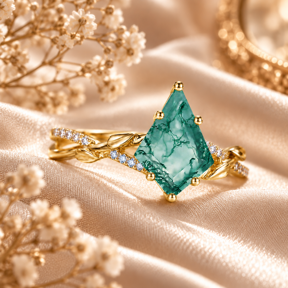 Natural Moss Agate Ring – Kite Cut Nature Inspired Boho Engagement Ring