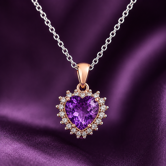 7mm Heart Cut Amethyst Halo Pendant Necklace