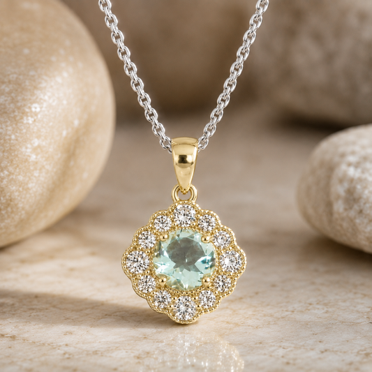 6mm Round Cut Aquamarine Halo Pendant Necklace