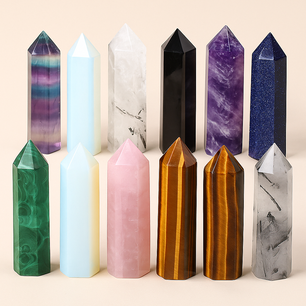 Polished crystal towers in assorted gemstones including amethyst, rose quartz, fluorite, clear quartz, and tiger's eye, displayed for energy healing and decor