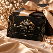 Luxury Dazzling Delights digital gift card in black and gold beside an elegant gift box, champagne ribbon, jewellery and crystal accents.