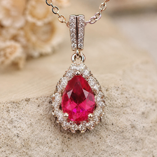 Pear Cut Pink Topaz Halo Pendant Necklace