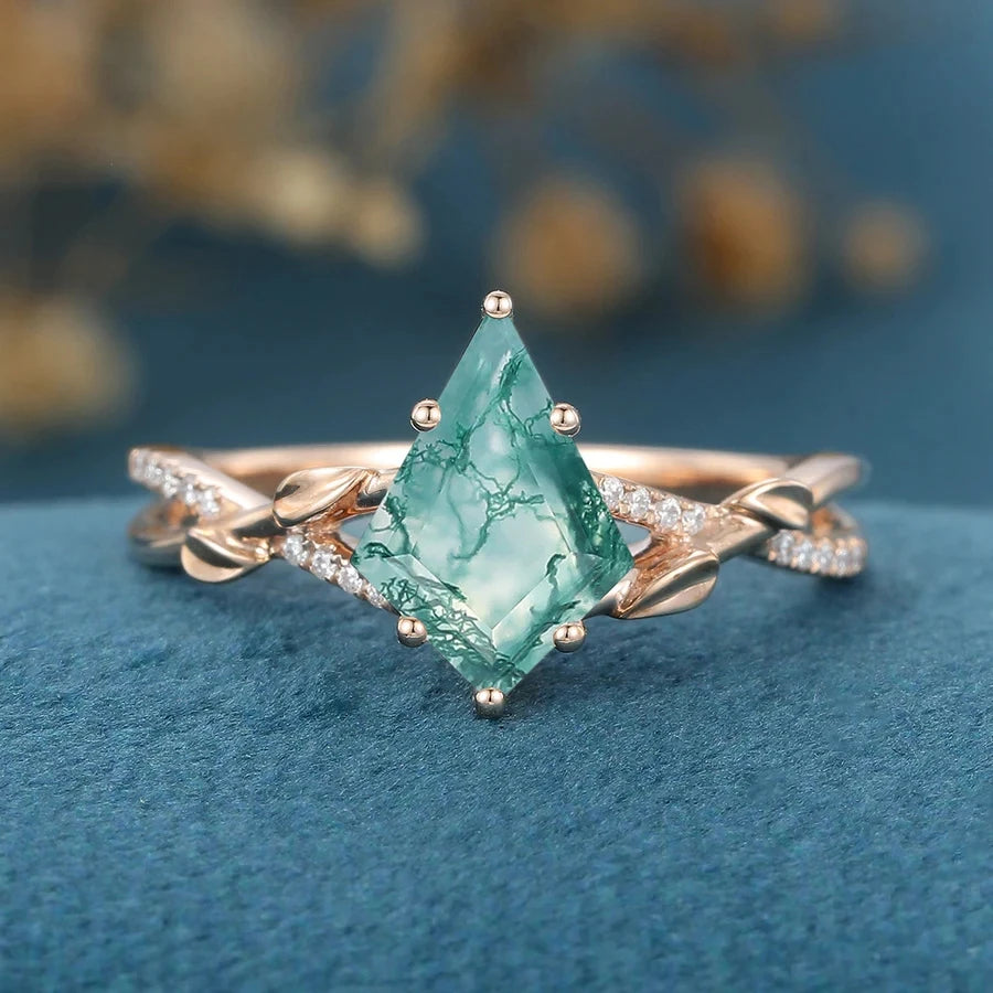 Moss Agate Engagement Ring – 7×10mm Natural Green Moss Agate, Leaf Vine Band, Nature-Inspired Statement Ring