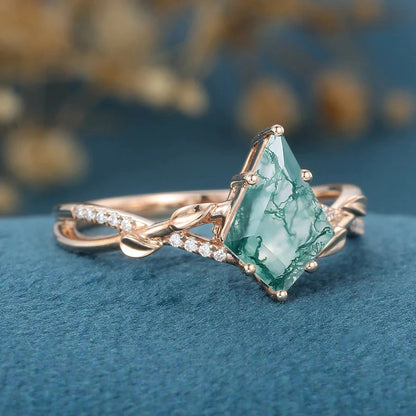 Moss Agate Engagement Ring – 7×10mm Natural Green Moss Agate, Leaf Vine Band, Nature-Inspired Statement Ring