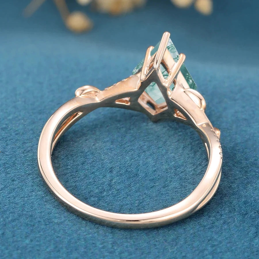 Moss Agate Engagement Ring – 7×10mm Natural Green Moss Agate, Leaf Vine Band, Nature-Inspired Statement Ring