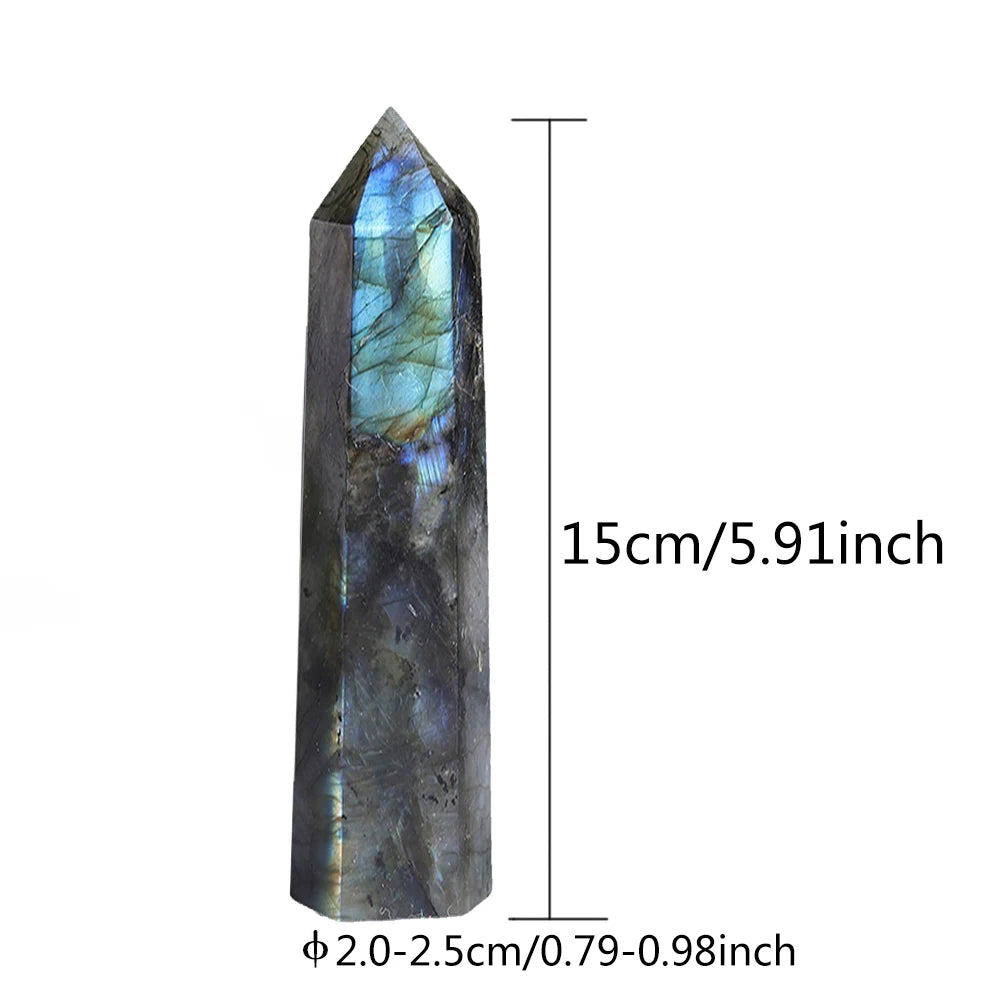 A single labradorite crystal tower shown against a white background, with dimensions marked as 15cm tall and 2.0–2.5cm wide, featuring blue and green flashes.
