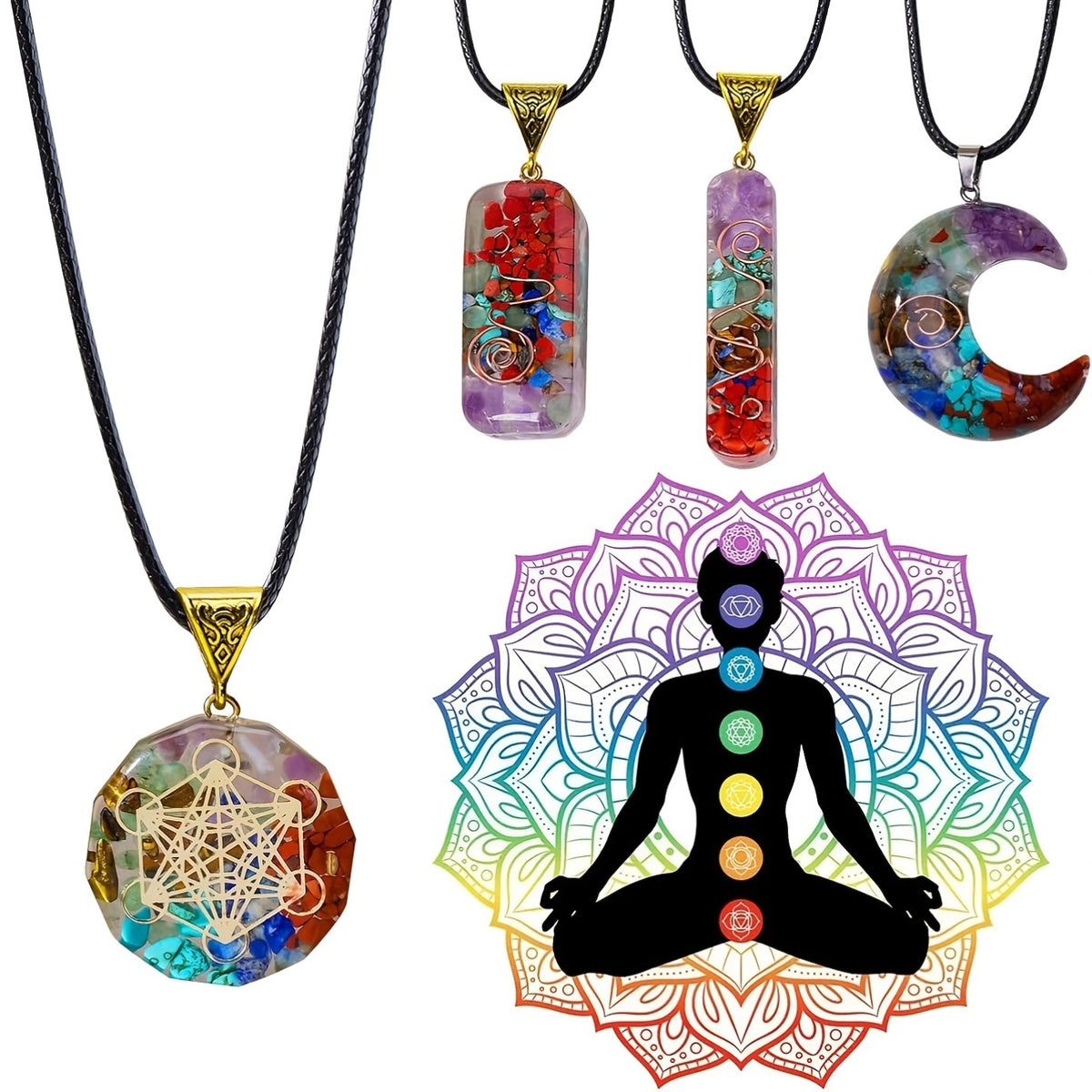 Chakra crystal pendant set displayed with chakra alignment illustration, featuring sacred geometry, amethyst, turquoise, and red jasper elements.