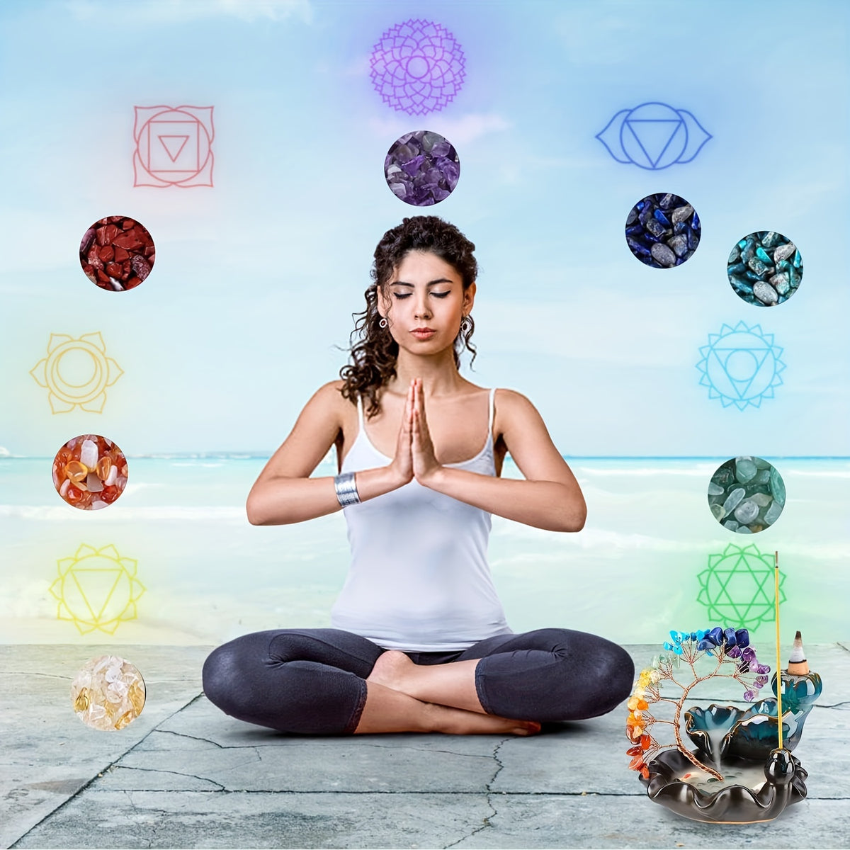 Woman meditating near chakra crystal tree incense burner with chakra alignment symbols for energy balance and spiritual focus
