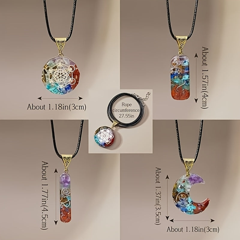 Size guide for chakra pendant necklaces showing approximate dimensions of each pendant style and adjustable black cord length with clasp and extender.