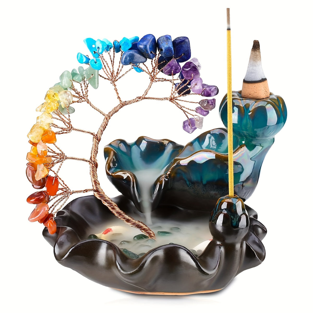 7 chakra crystal tree backflow incense burner with agate base and flowing smoke, ideal for energy cleansing and meditation décor