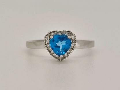 Heart Cut Swiss Blue Topaz and White Topaz Halo Ring