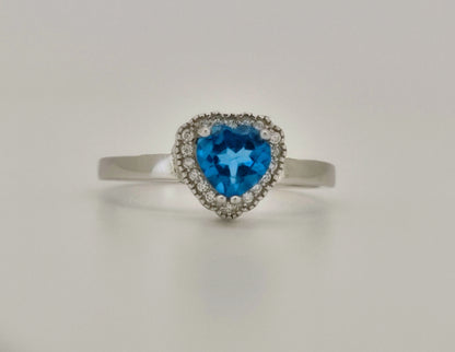 Heart Cut Swiss Blue Topaz and White Topaz Halo Ring