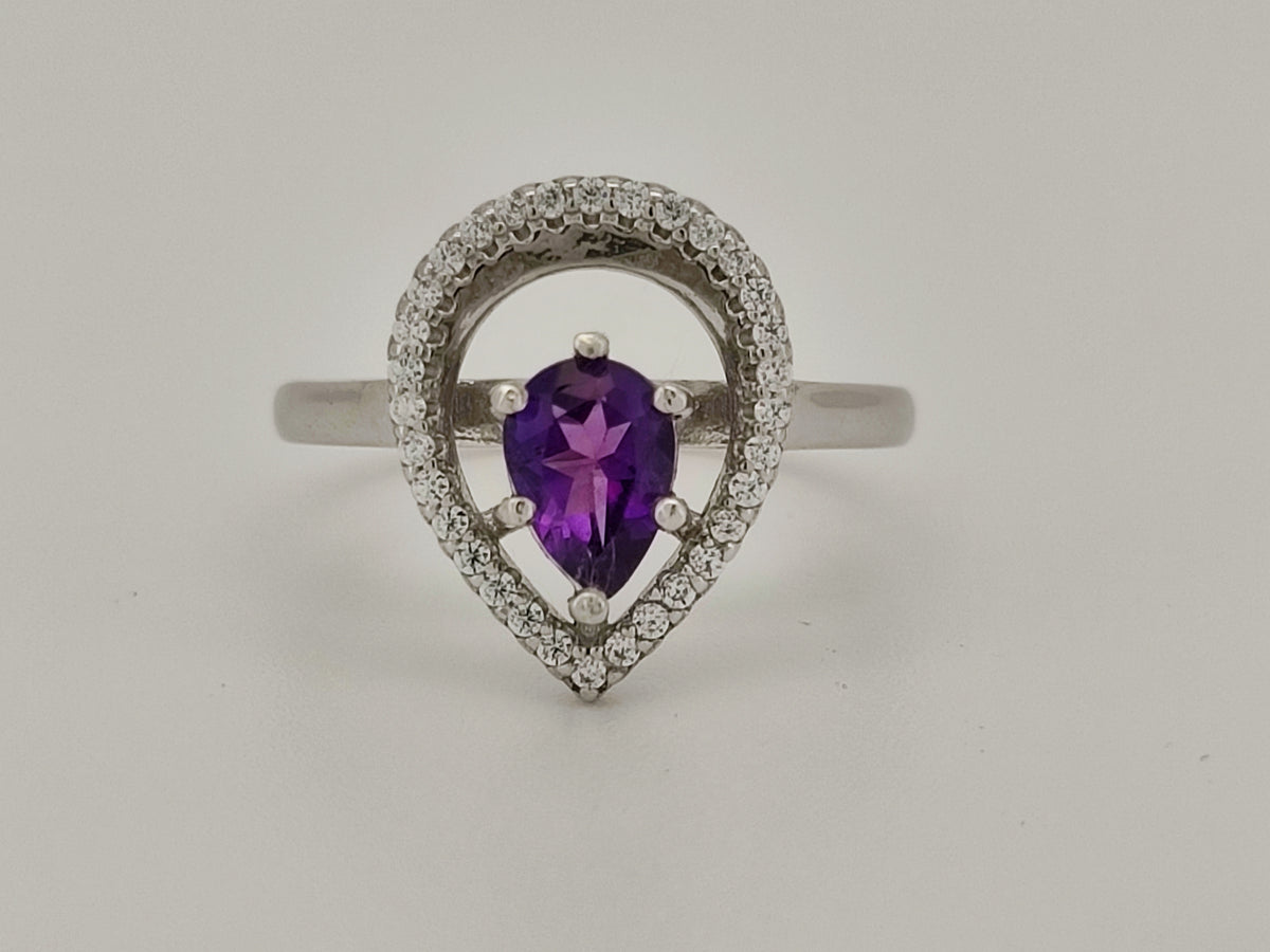 Anel Halo de Ametista com Corte de Pêra 7x5mm 
