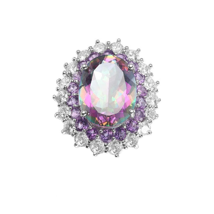 Anillo con doble halo de topacio místico de talla ovalada "The Iridescent Enigma" de 16x12 mm